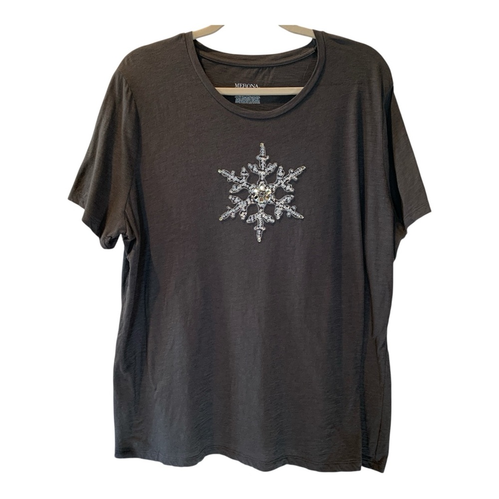 MERONA Women’s Gray Cotton Snowflake Embellished T-Shirt Plus Size 2